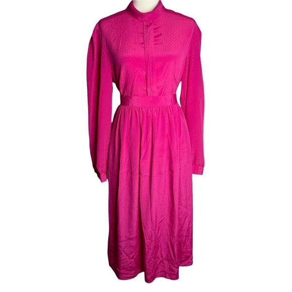 Vintage Secretary Blouse Skirt Set L Pink Dots Long Sleeve Midi Button Pockets - Picture 1 of 10